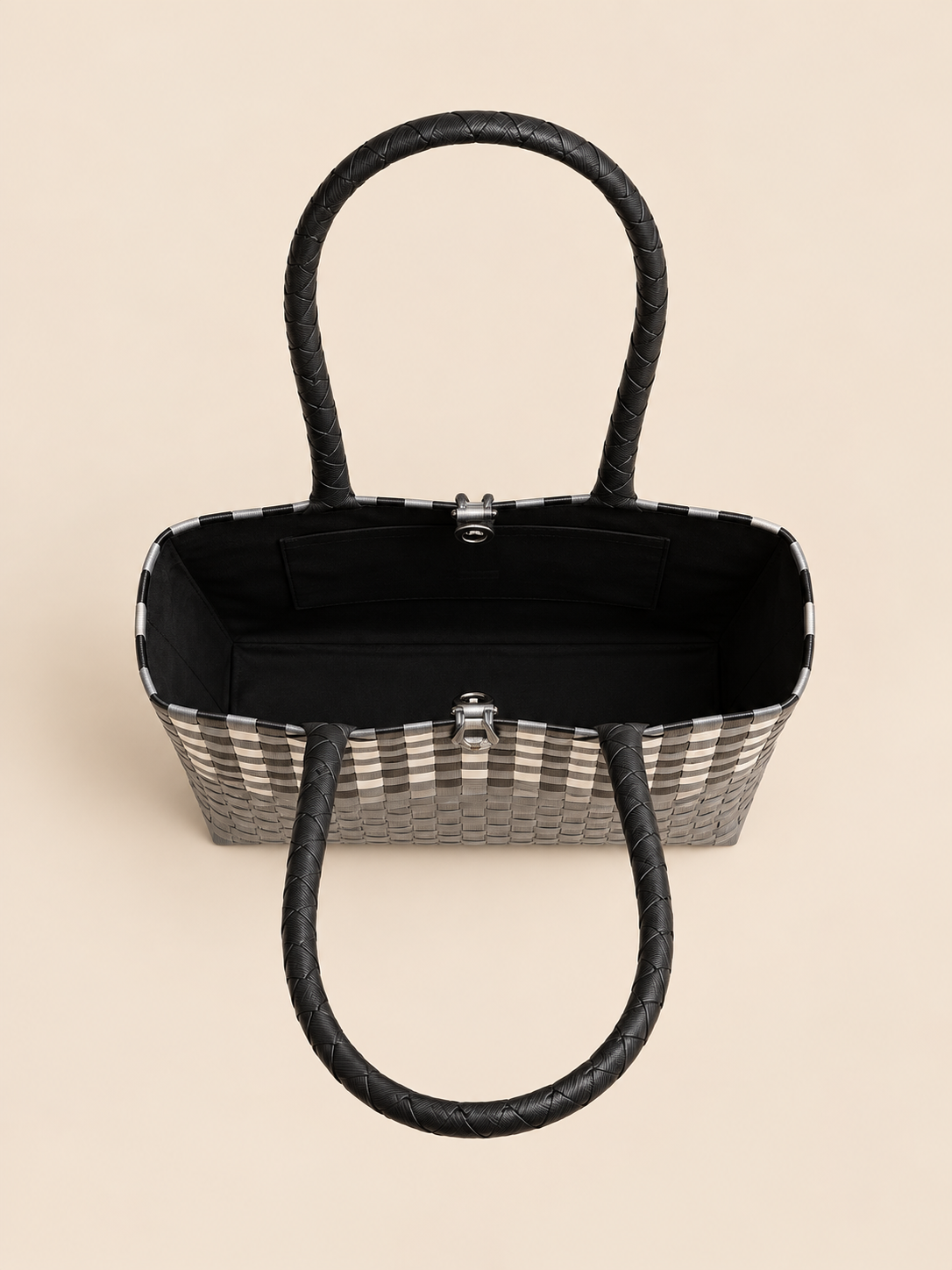 Habi Pilak — Gingham recycled-polypropylene structured bayong tote, interior view