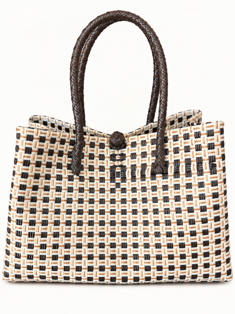 Habi Taho — Cream & Brown woven bayong bag, side view