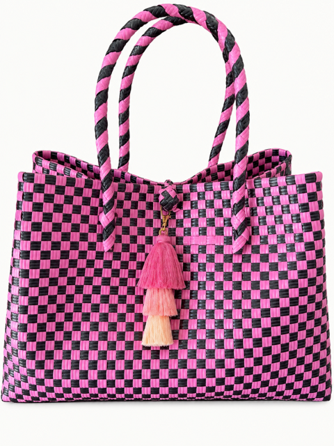 Habi Irog — Black & Pink woven bayong bag, side view