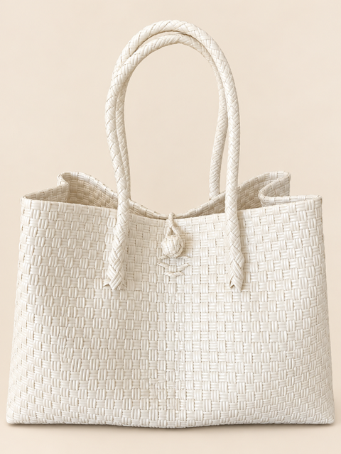 Habi Gatas — White woven bayong bag, side view