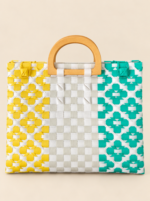 Habi Sari-Sari — Yellow, Teal & Gray woven bayong bag, side view
