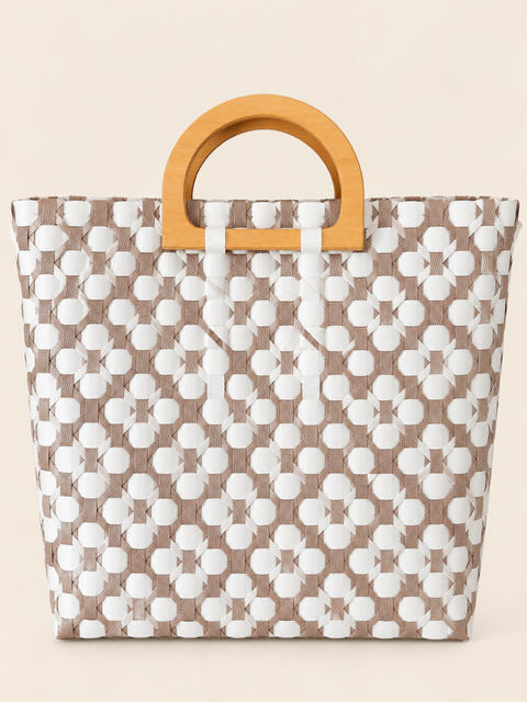 Habi Hamog — Taupe & White woven bayong bag, side view