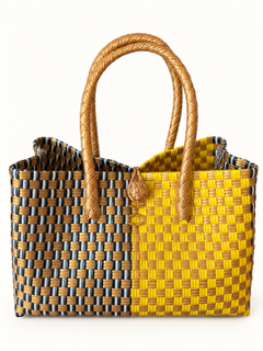 Compact Tote Sinag at Dagat | Yellow & Teal Woven Bayong woven bayong bag, side view