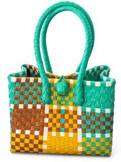 Compact Tote Kulay ng Pista | Turquoise & Yellow Patchwork Bayong woven bayong bag, side view