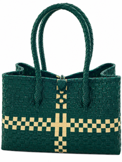 Compact Tote Gubat | Dark Forest Green Woven Bayong woven bayong bag, side view