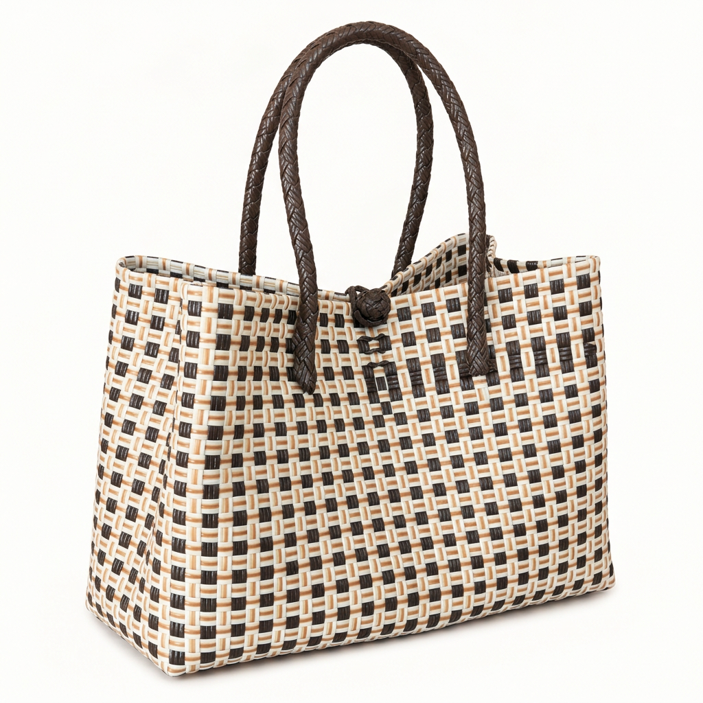 Habi Taho cream and chocolate brown handwoven tote bag, 30-degree angle view