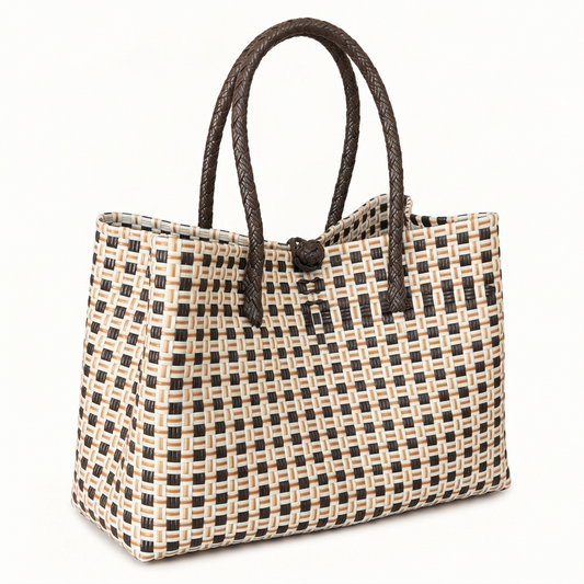 Habi Taho cream and chocolate brown handwoven tote bag, 30-degree angle view
