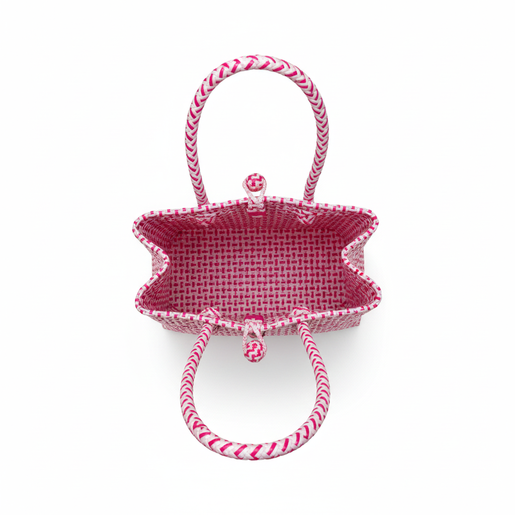 Aerial top-down view of the bright pink and white handwoven bag