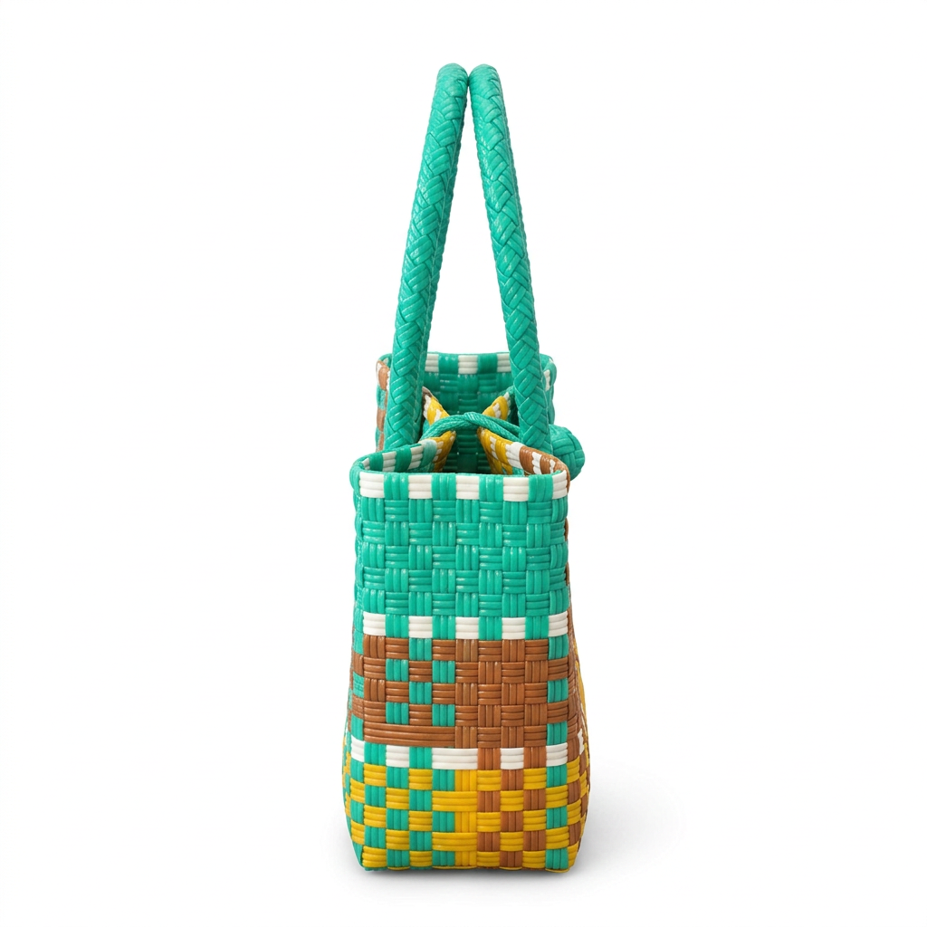 Kulay ng Pista turquoise yellow and brown patchwork petite mini tote, side view on white