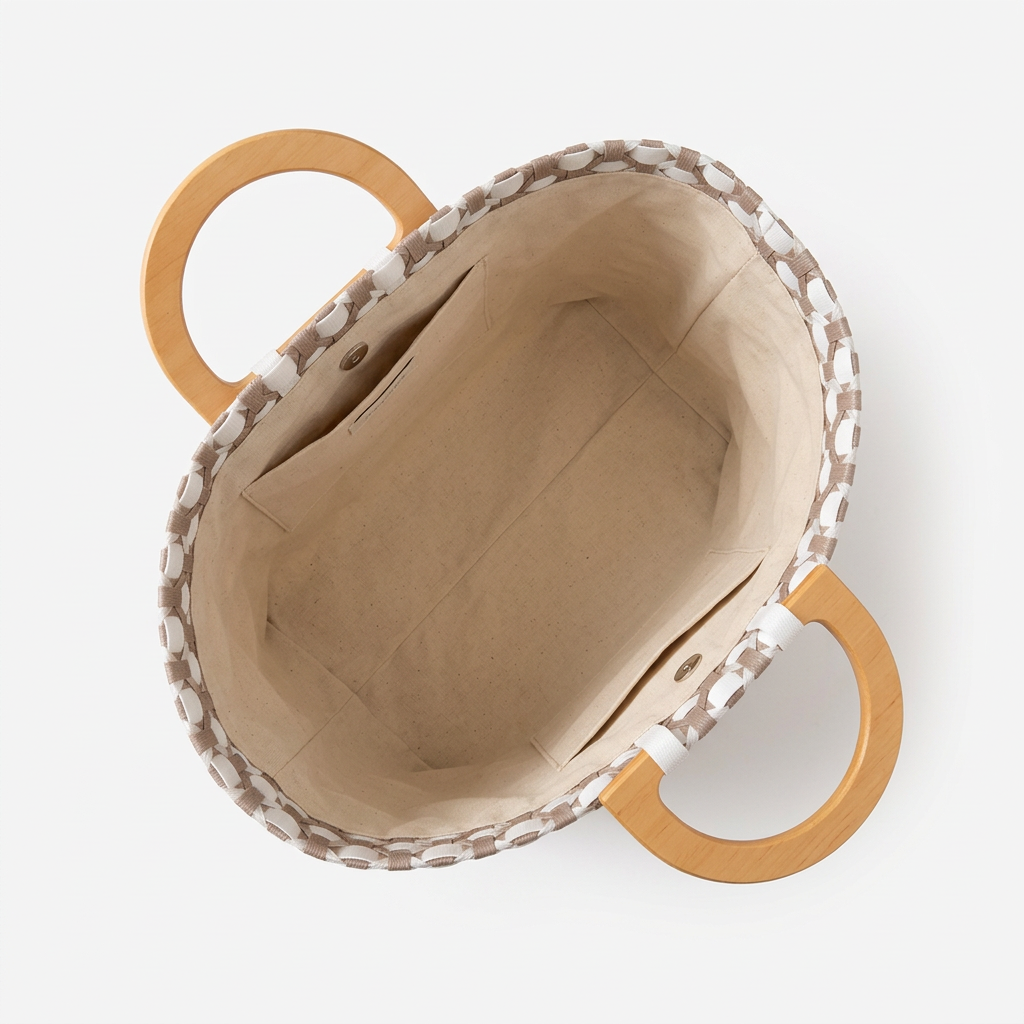 Habi Hamog taupe and white floral handwoven tote bag, aerial top-open view