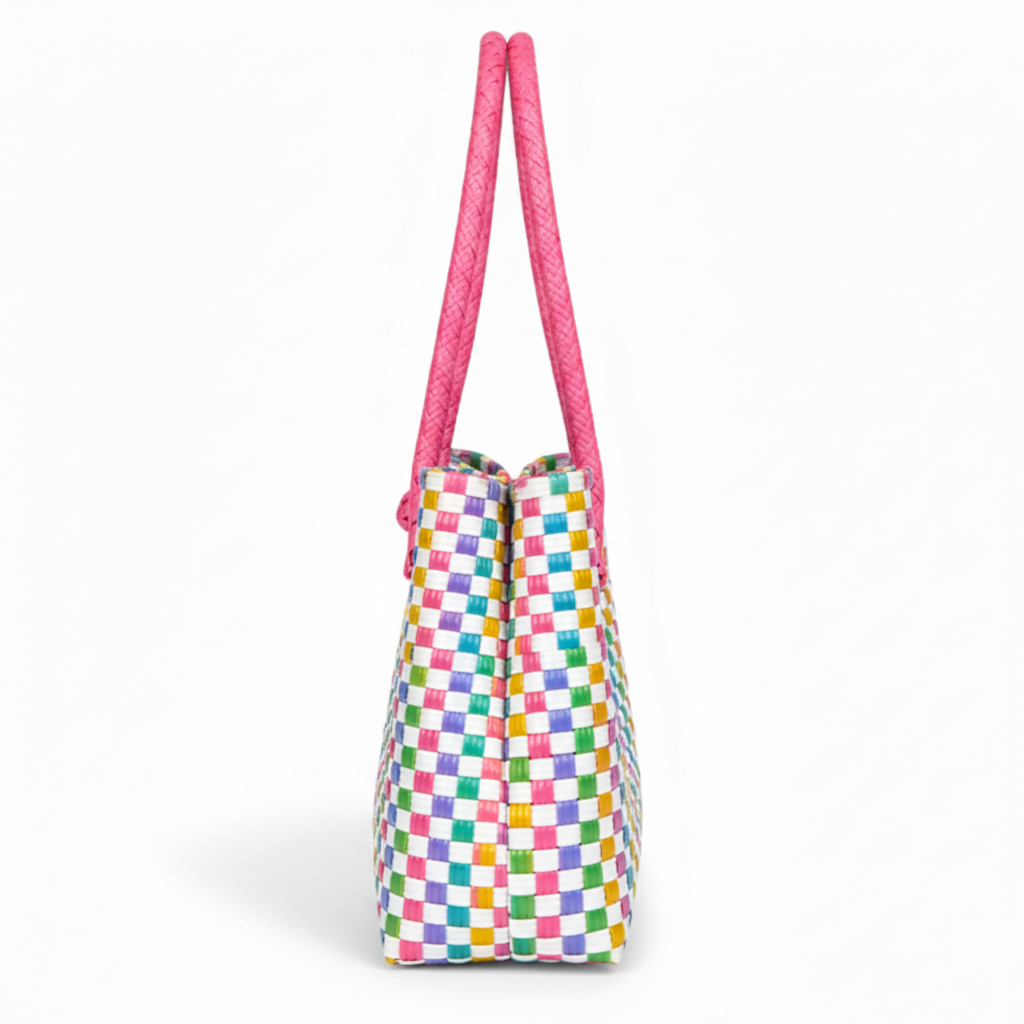 90-degree side profile of the multicolor checker handwoven bag