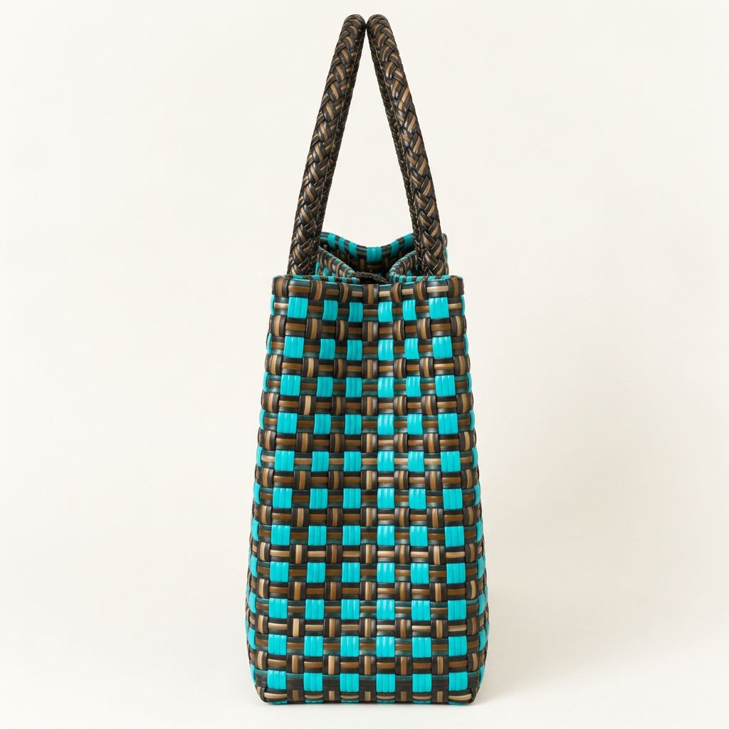 Side view of turquoise and chocolate-brown woven bayong tote