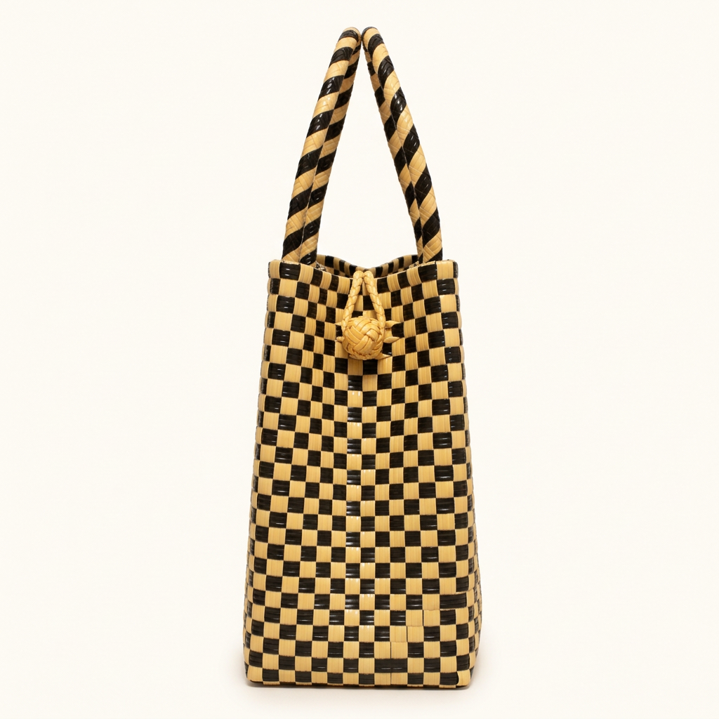 Habi Sinag black and golden-yellow checkerboard woven tote, side view