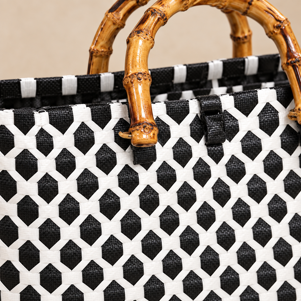 Close-up of woven material and bamboo handle
