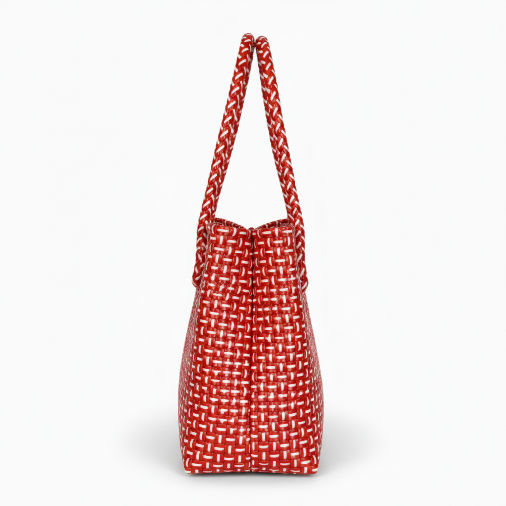 90-degree side profile of the red and white handwoven bag
