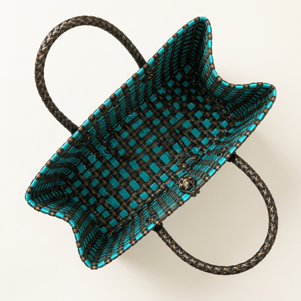Aerial top-down view of turquoise and chocolate-brown woven bayong tote