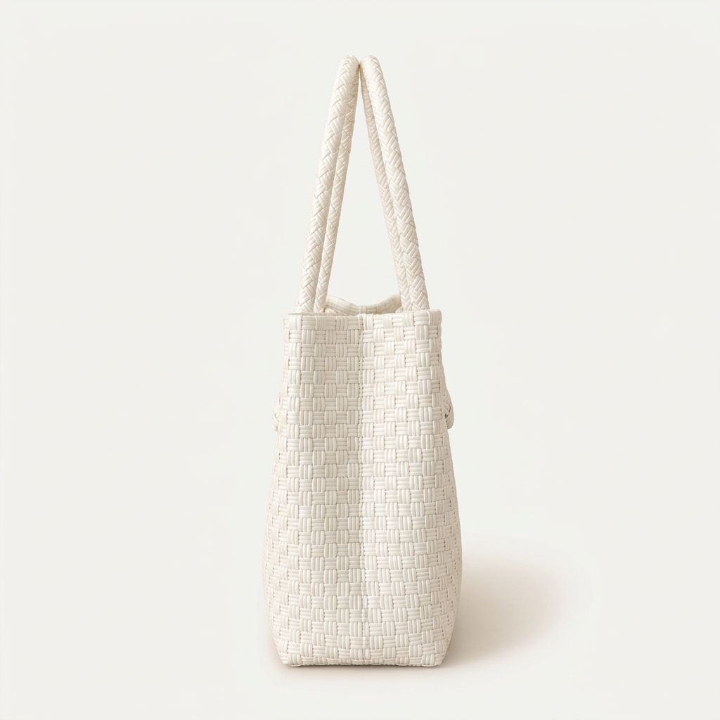 Habi Gatas white handwoven tote bag, side view