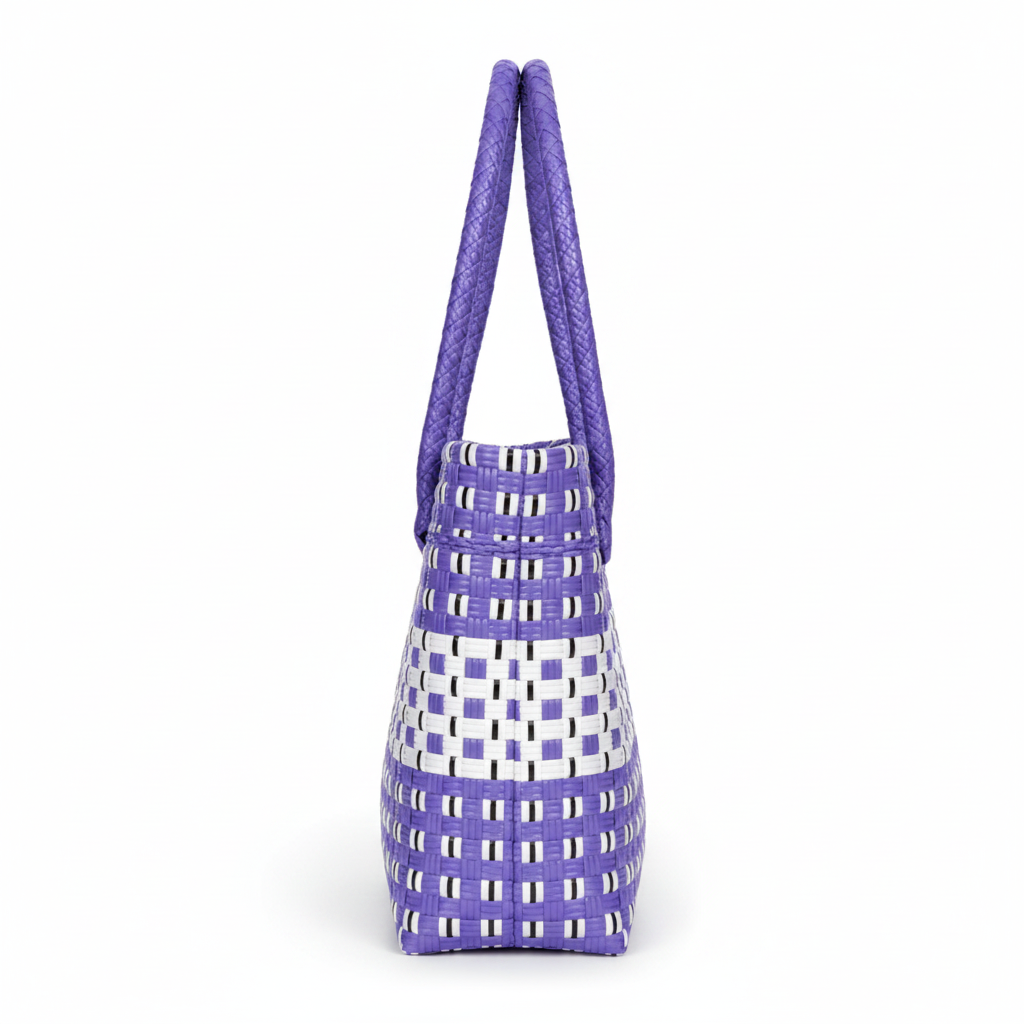 Side profile of the purple and white handwoven bag