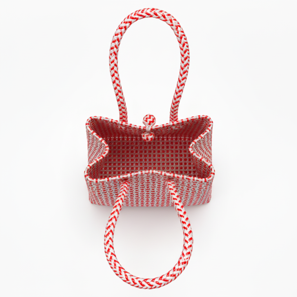 Aerial top-down view of the red and white handwoven bag