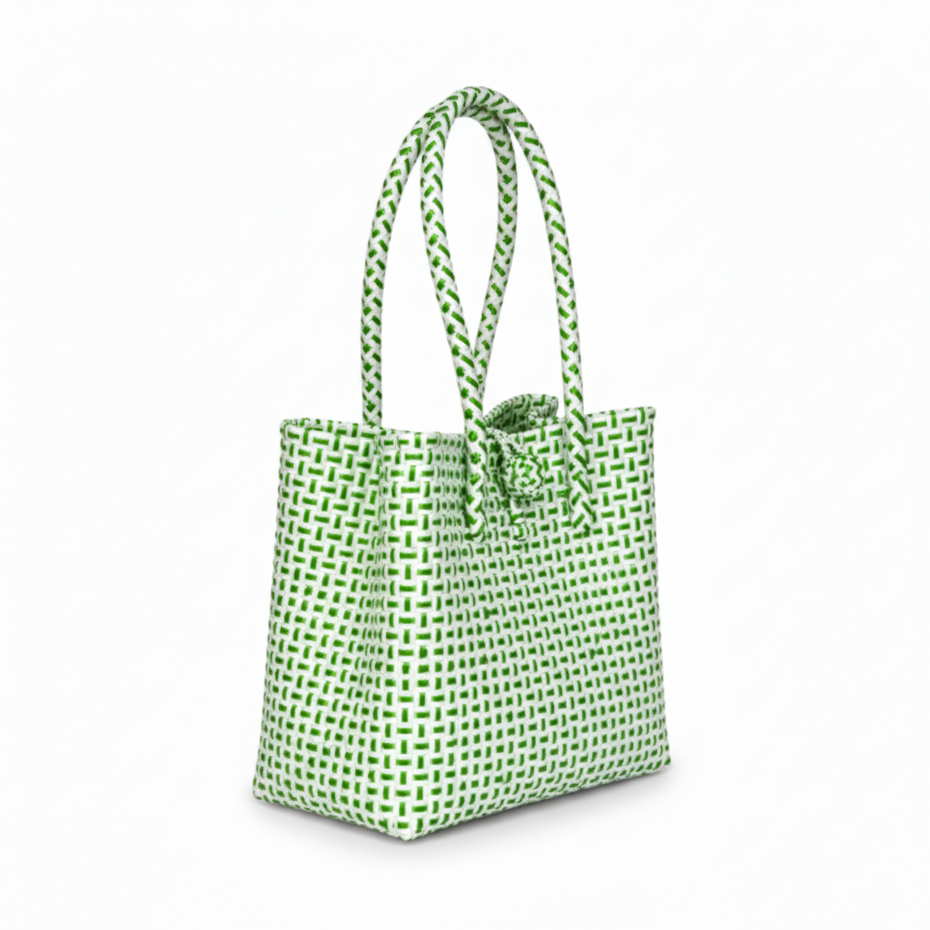 30-degree angle view of the handwoven bag
