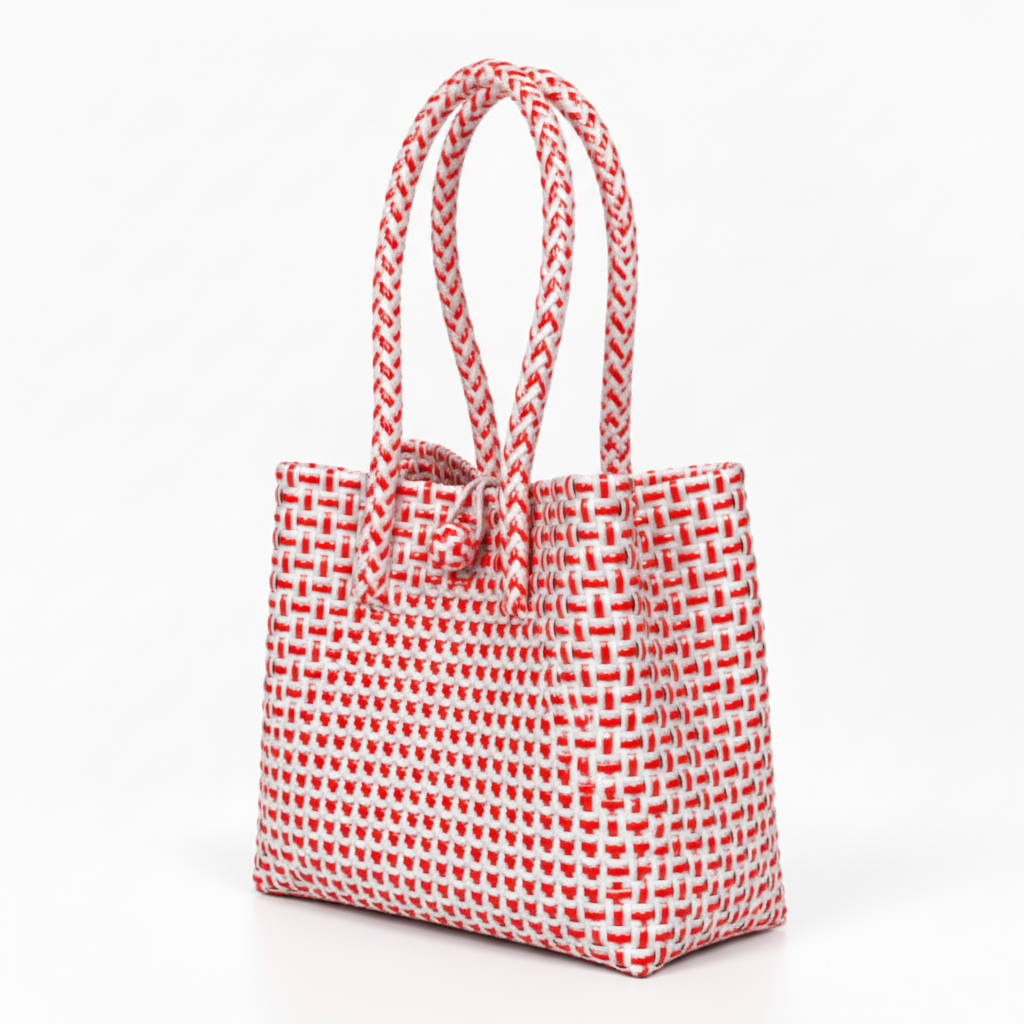 30-degree angle view of the red and white handwoven bag