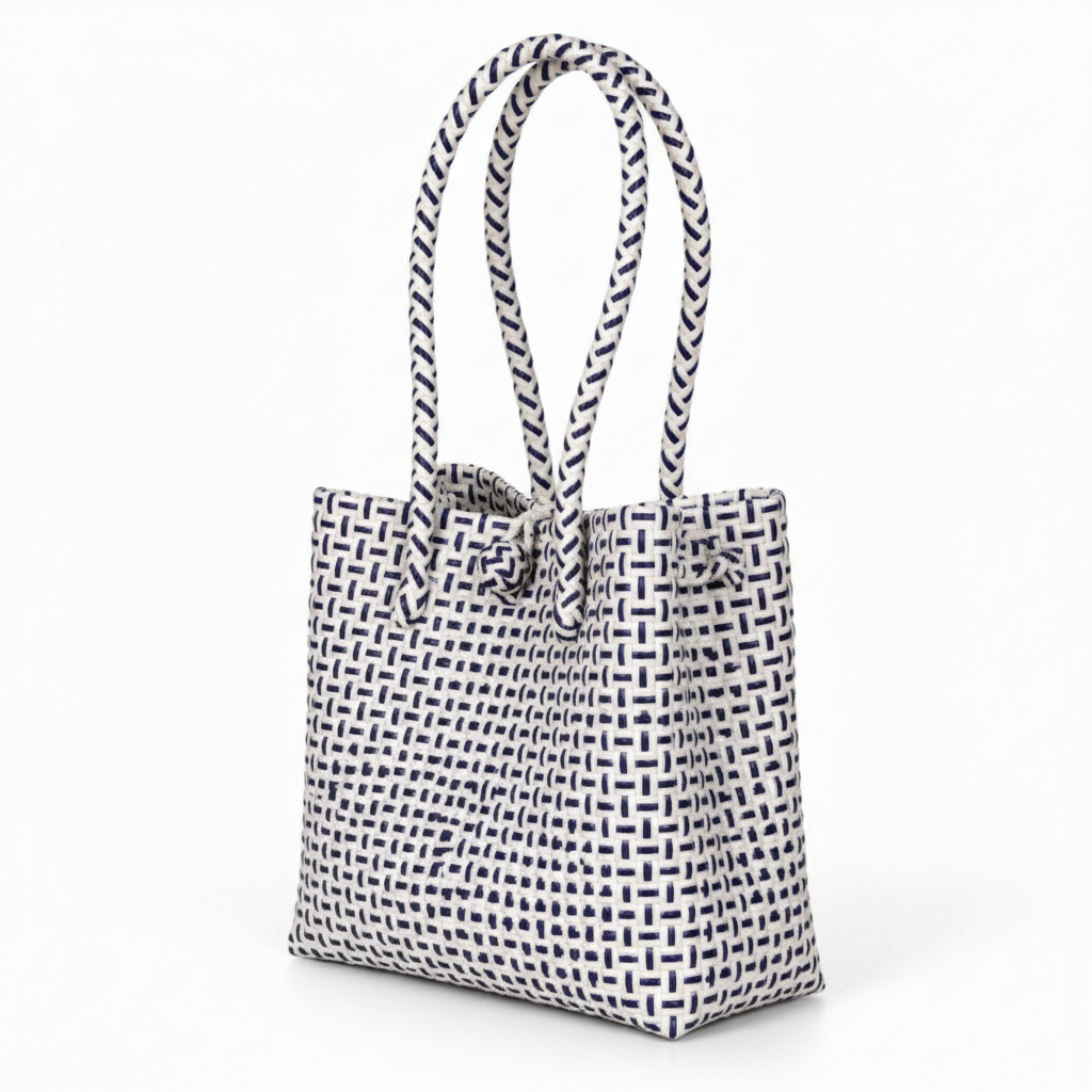 30-degree angle view of the black and white handwoven bag