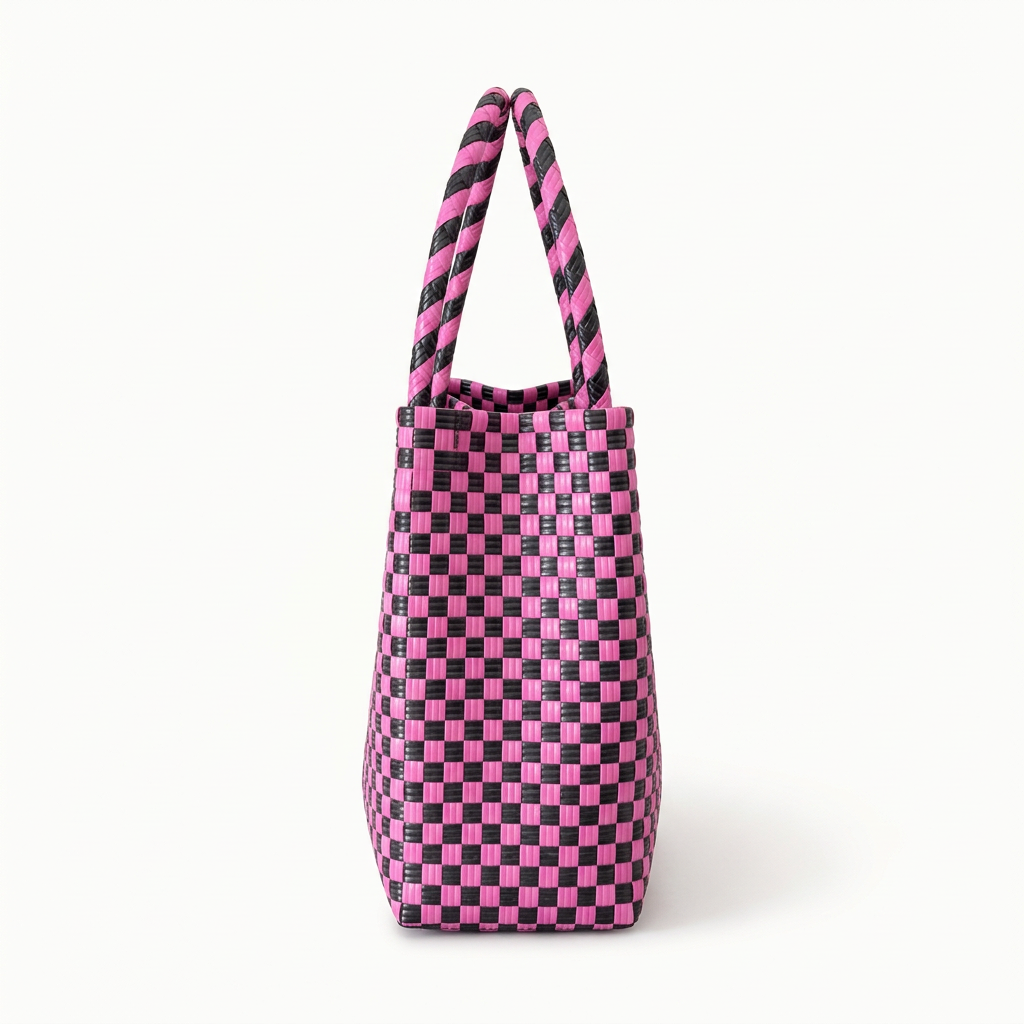 Habi Irog hot pink and black checkerboard handwoven tote bag, side view