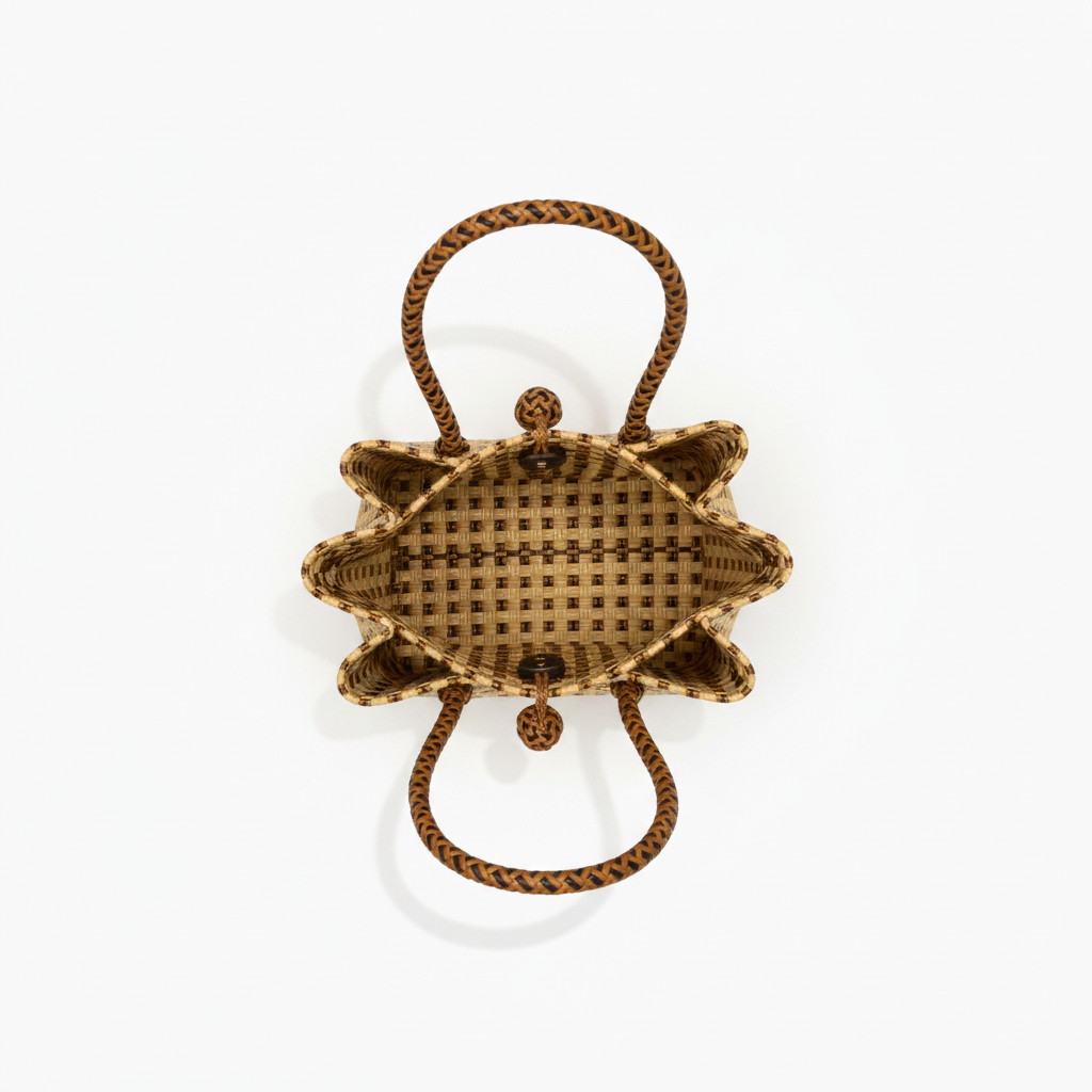 Aerial top-down view of the natural tan open-weave handwoven bag