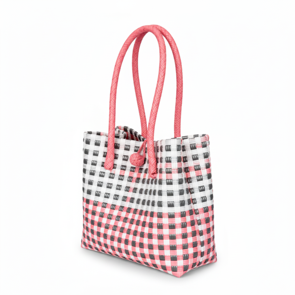 30-degree angle view of the checked handwoven bag
