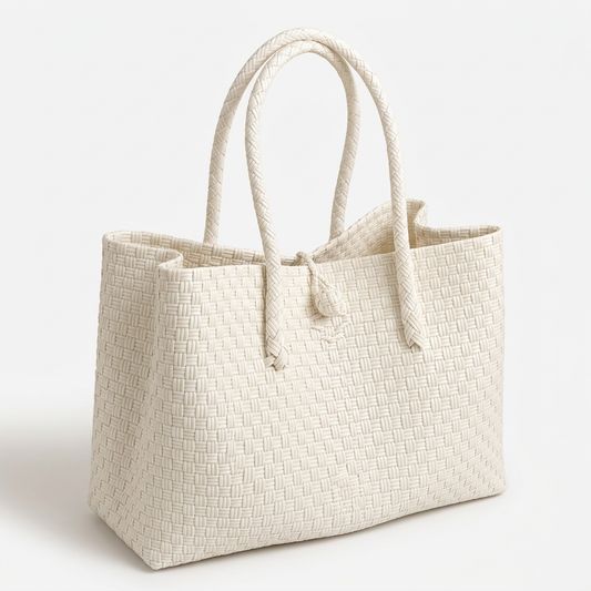 Habi Gatas white handwoven tote bag, 30-degree angle view