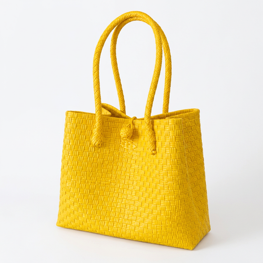 Habi Mangga sunny yellow handwoven tote bag, 30-degree angle view