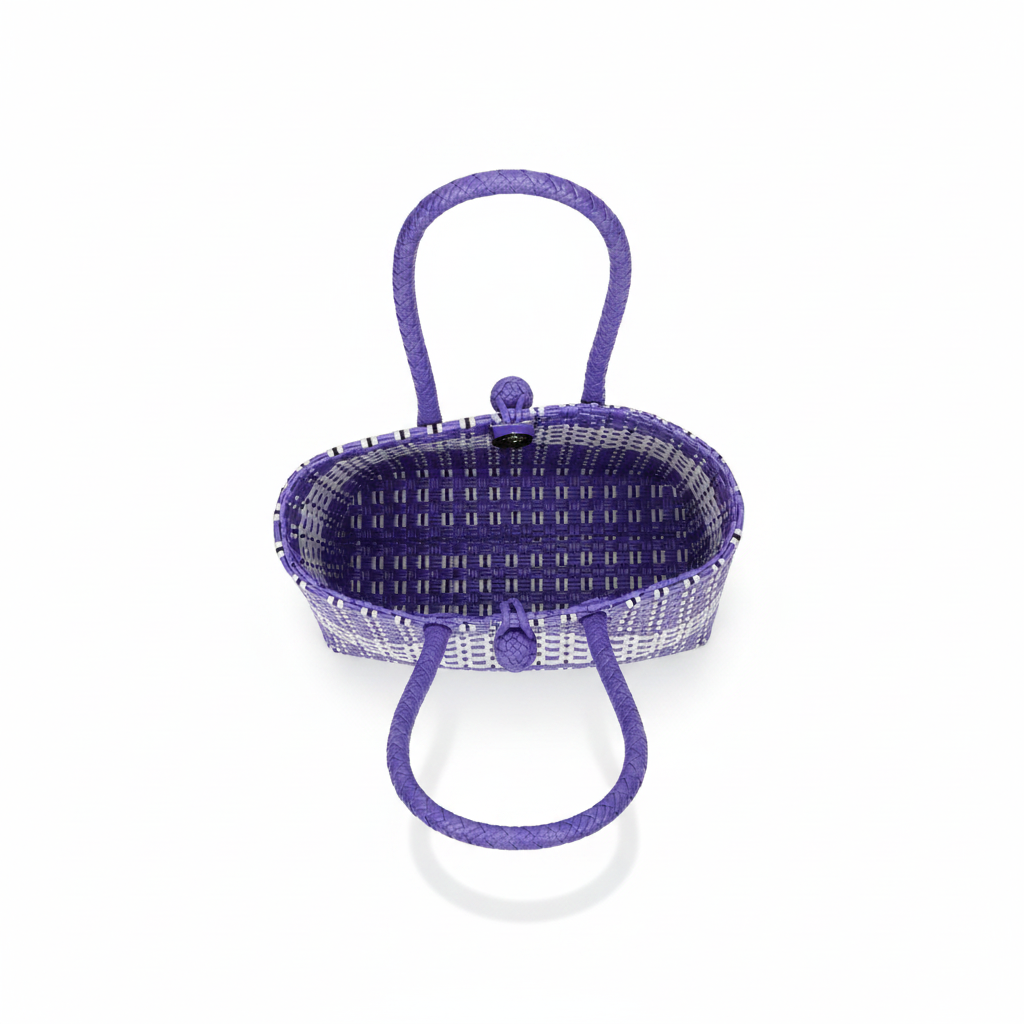 Aerial top-down view of the purple and white handwoven bag