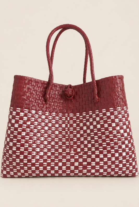 Lakbay Pula burgundy and white woven tote, front view without tassel