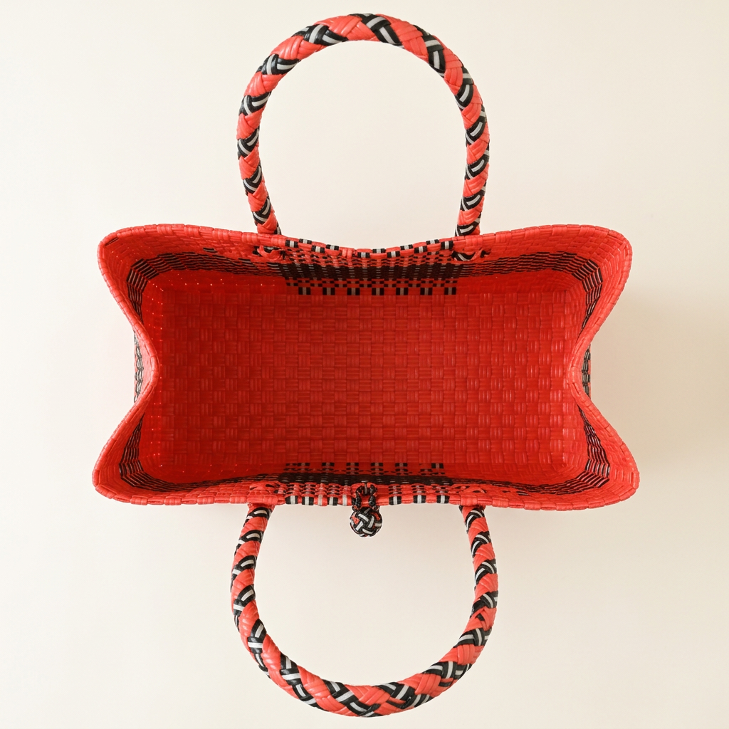 Aerial top-down view of coral and black geometric woven bayong tote