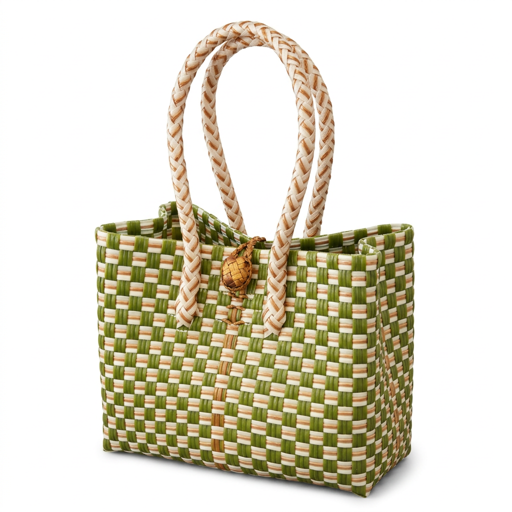 Dahon at Gatas olive and ivory compact tote, 30-degree angle view with smaller framing on white