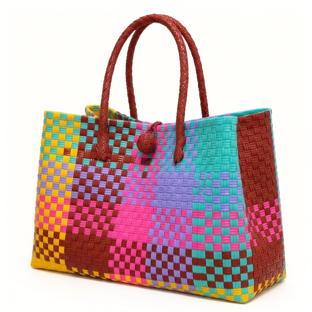 Habi Piyesta colorful patchwork woven tote, 30-degree angle view