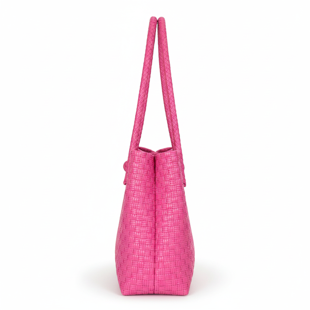 90-degree side profile of the vibrant pink handwoven bag