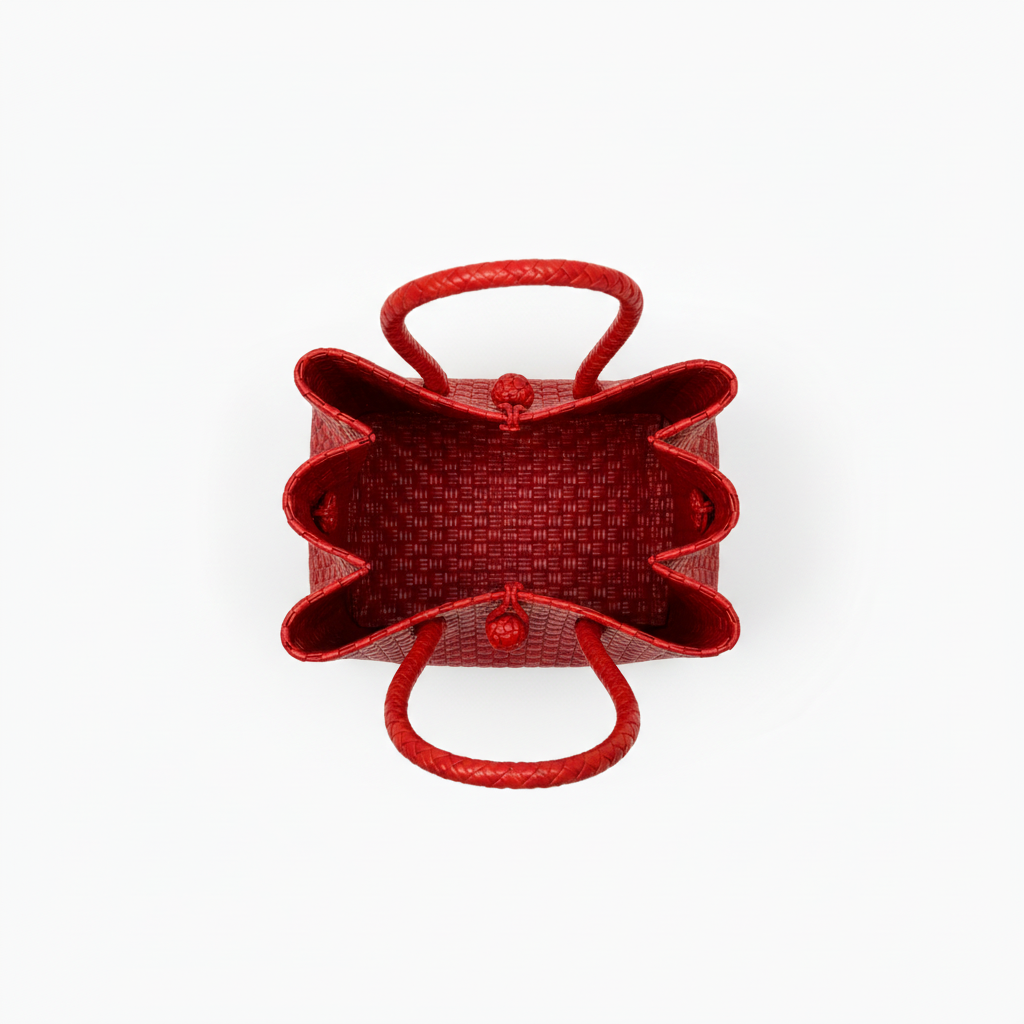 Aerial top-down view of the bright red handwoven bag