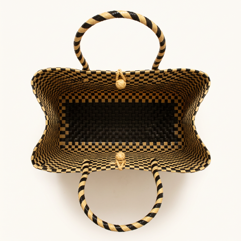 Habi Sinag black and golden-yellow checkerboard woven tote, aerial view