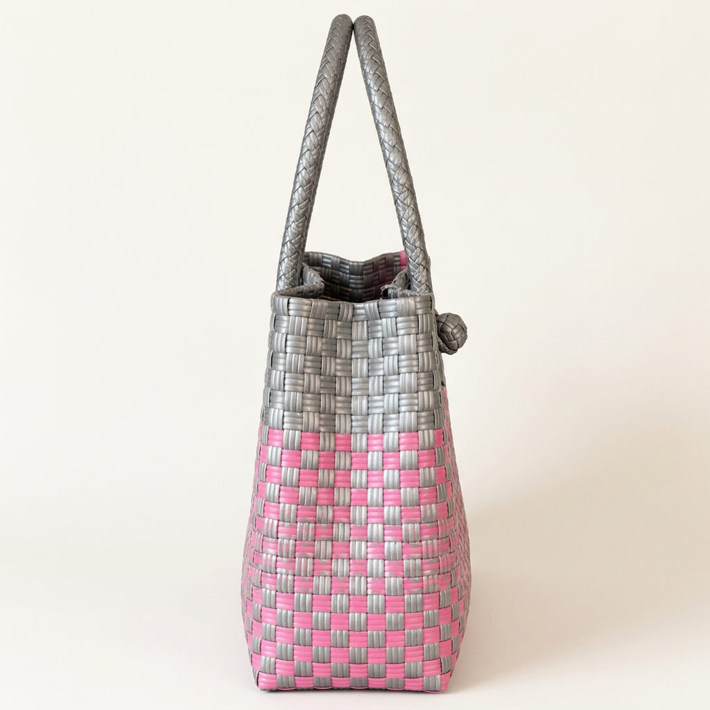 Side view of pink and silver-gray woven tote