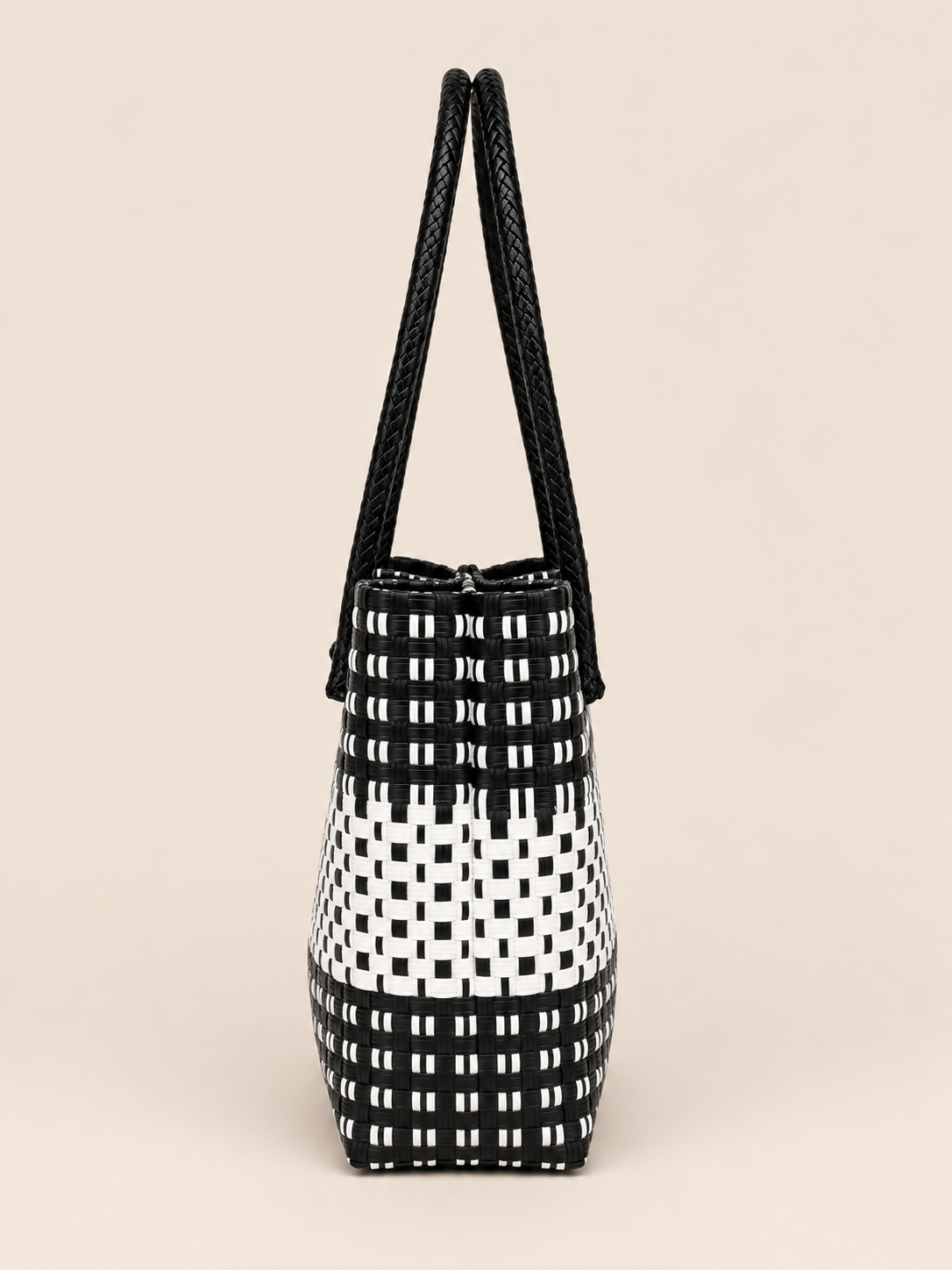 Habi Itim-Puti recycled-polypropylene structured bayong tote, side view