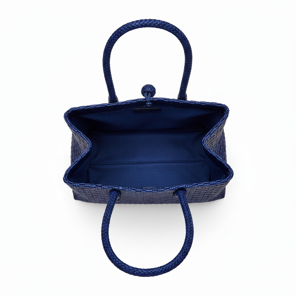 Aerial top-down view of the navy blue handwoven bag