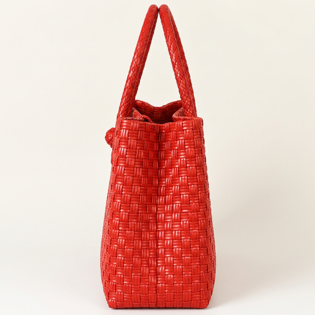 Side view of scarlet red woven bayong tote