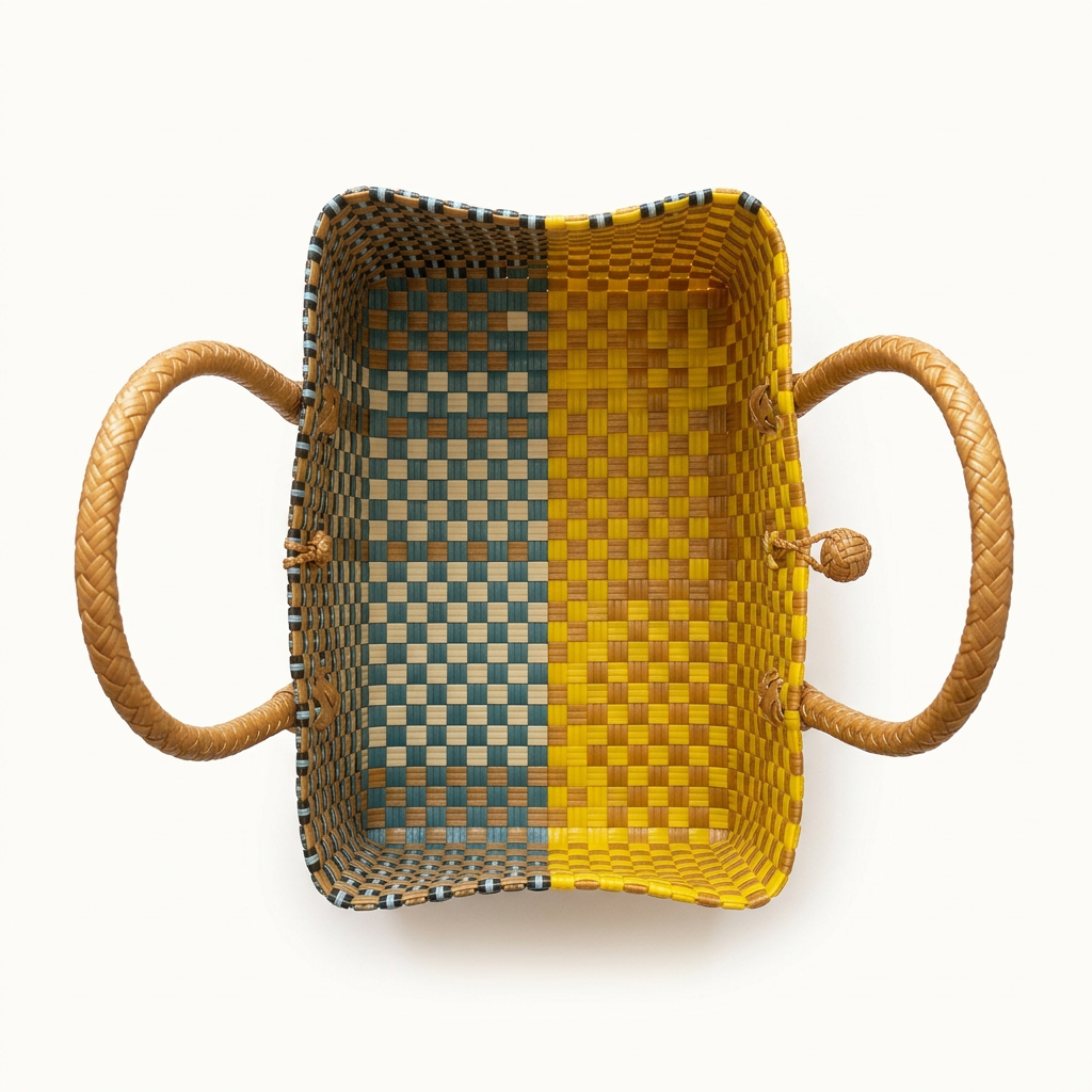 Sinag at Dagat woven compact tote, overhead open-top view, smaller framing on white
