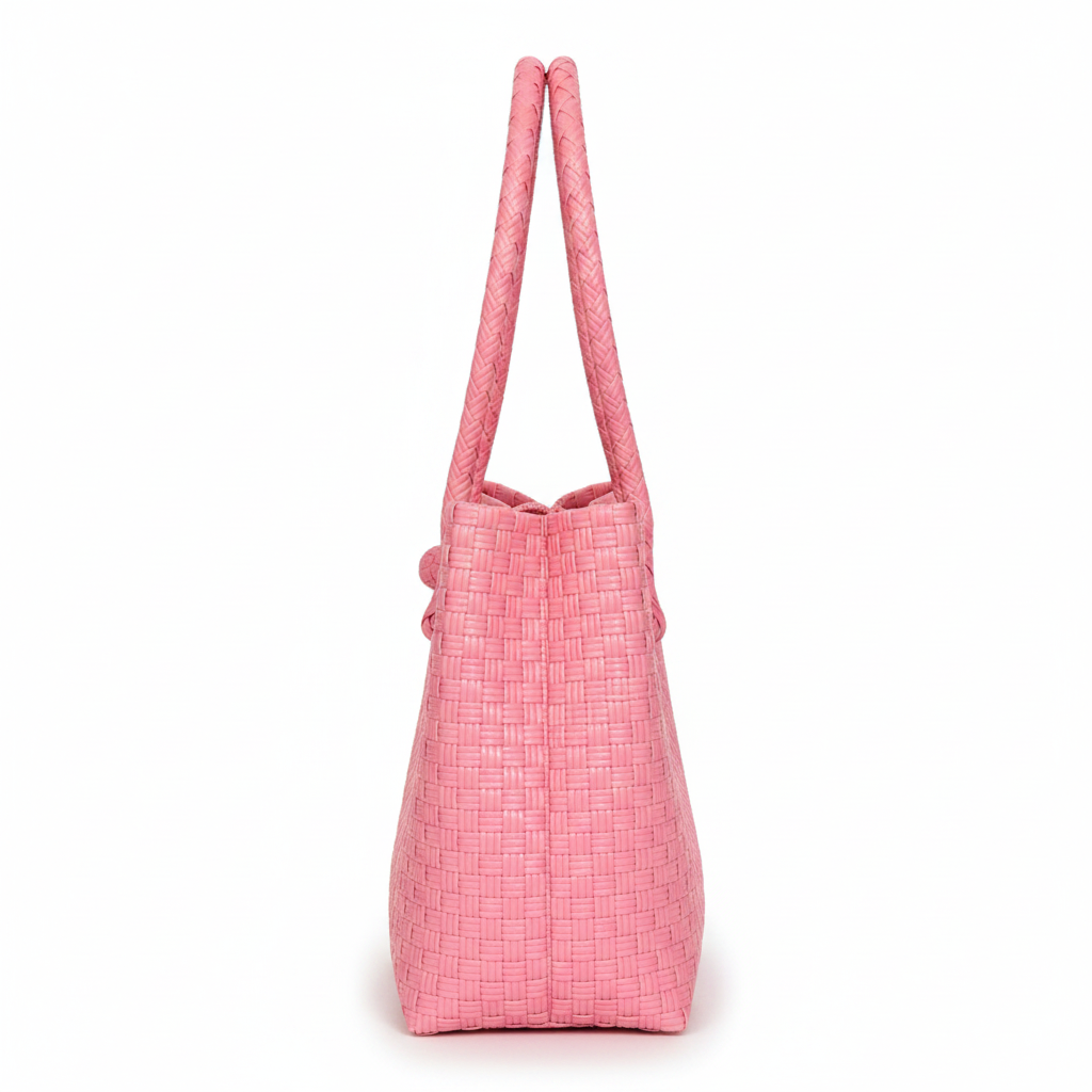 90-degree side profile of the pink handwoven bag