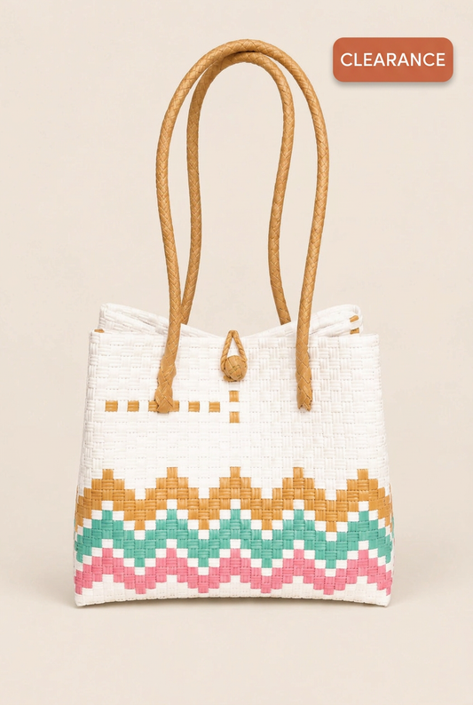 Habi Bahaghari Chevron woven tote with a Clearance badge