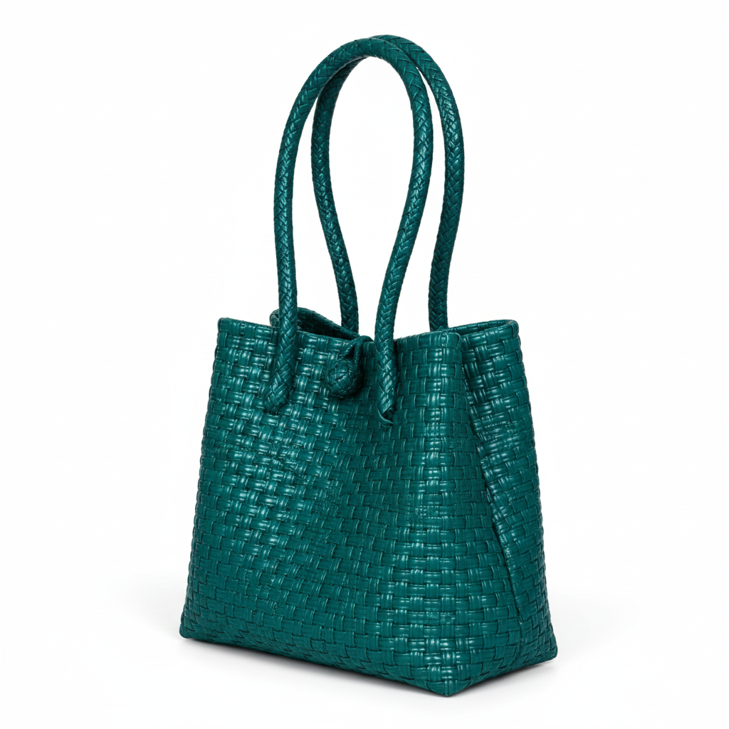 30-degree angle view of the deep teal handwoven bag