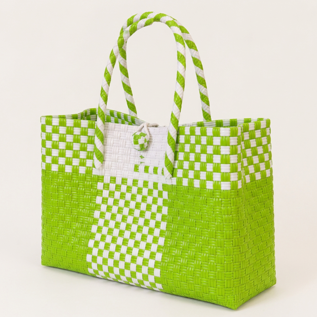 Lime green and white woven tote at a 30-degree angle
