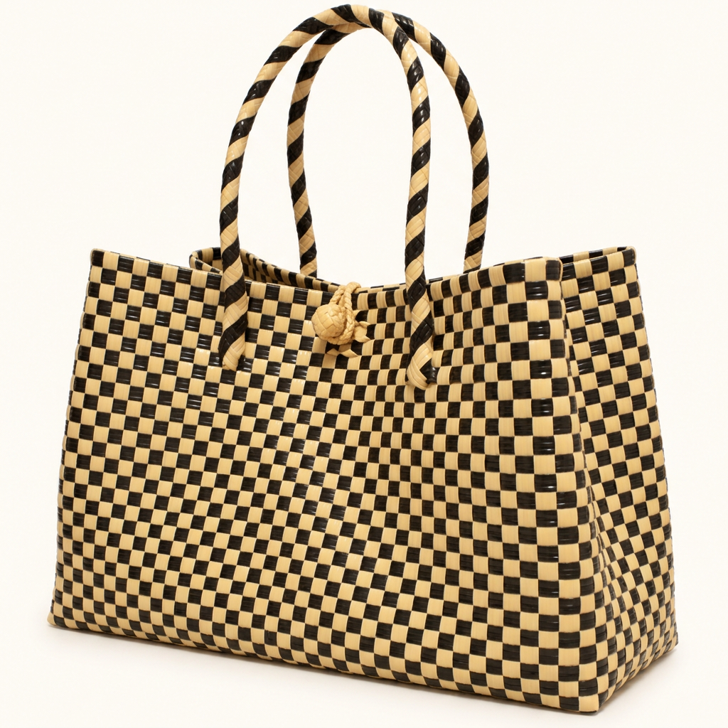 Habi Sinag black and golden-yellow checkerboard woven tote, 30-degree angle view