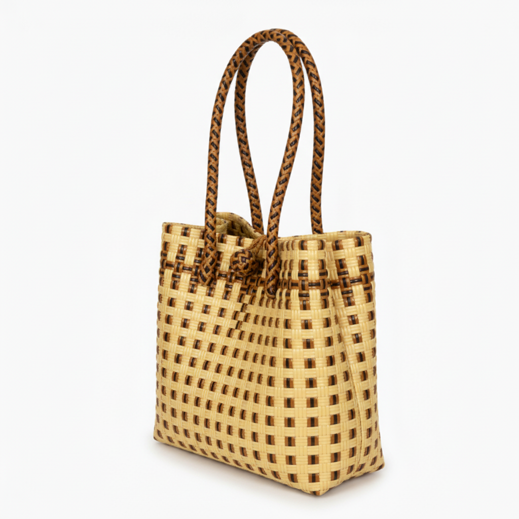 30-degree angle view of the natural tan open-weave handwoven bag